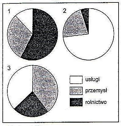 ) Przyporządkuj diagramy przedstawiające strukturę zatrudnienia ludności do wymienionych w tabeli krajów. Kraj Indie USA Polska Numer diagramu Zadanie 16.( 0-4 pkt.