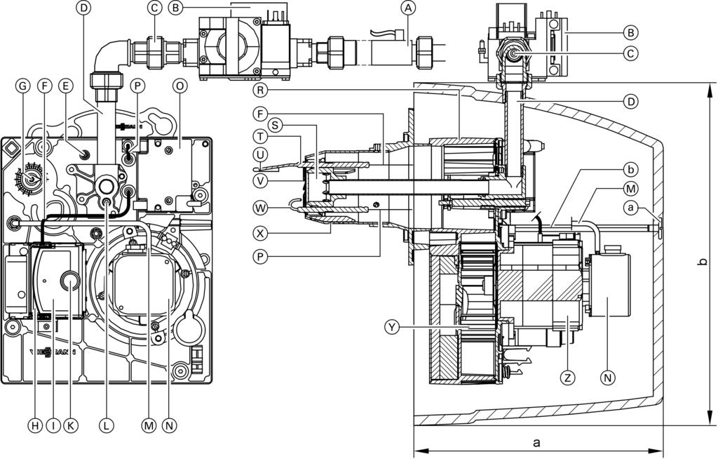 Dane techniczne palnika gazowego Vitoflame 200, typ VG Znamionowa moc cieplna kotła kw 15 18 22 27 33 40 50 63 grzewczego Moc cieplna palnika kw 16,5 19,8 24,2 29,7 36,2 43,9 54,9 69,2 Typ palnika