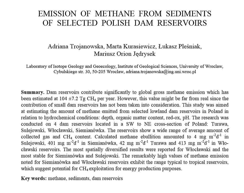METAN W JEZIORZE WŁOCŁAWSKIM Opis Wartość Jednostka Dobowe wydzielanie metanu (Trojanowska i in.