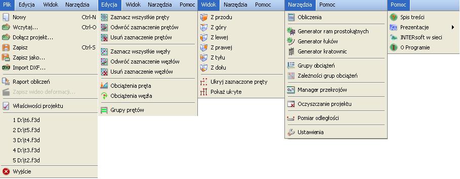 Instalowanie i uruchamianie programu Zaznaczenie wszystkich prętów Odwrócenie zaznaczenia prętów Usunięcie zaznaczenia prętów Uruchomienie generatora ram prostokątnych Uruchomienie generatora łuków