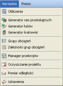 Podstawy 3.7 GENERATOR KRATOWNIC Generator kratownic, tak jak pozostałe generatory, można wywołać z paska głównego programu lub z menu Narzędzia Generator kratownic. Rys. 3.31 Menu Narzędzia Główne okno generatora składa się z dwóch podstawowych zakładek: Kratownice płaskie i Wieże kratowe (3D): 3.