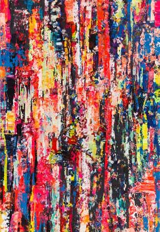 akryl, technika własna, filc/płótno, 100 x 100 cm sygnowany, datowany i opisany na odwrociu: 'JESZCZE W