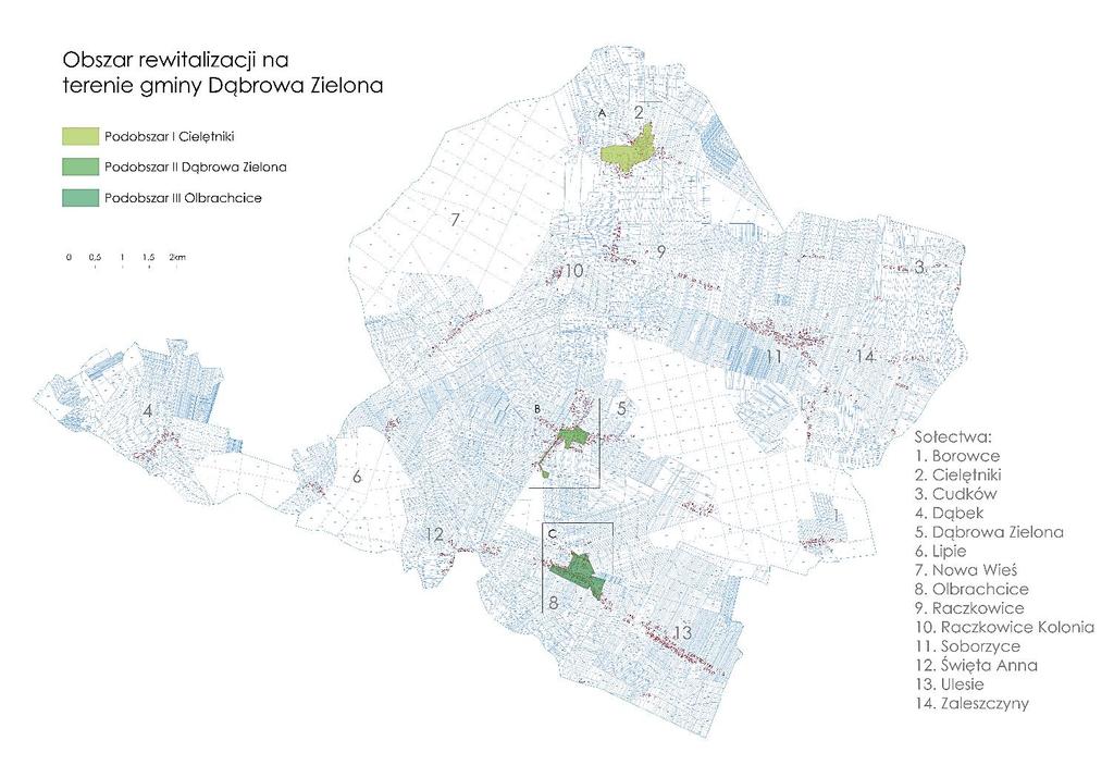 Powierzchnia obszaru rewitalizacji to 59,24 ha 0,59% powierzchni gminy Dąbrowa Zielona. Na wyznaczonym obszarze mieszka 849 osób 21,68% ludności gminy Dąbrowa Zielona.