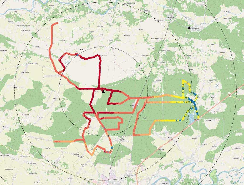 Wyniki pomiarów propagacji fal radiowych DMR (1) Nadleśnictwo Wyszków Dostrzegalnia Porządzie: 52.696149 N 21.439160 E Hant. nadajnika = 40 m n.p.t. Moc sygnału E.I.R.P = 12 W Polaryzacja fali: pionowa DMR: 1 szczelina TDMA Hant.