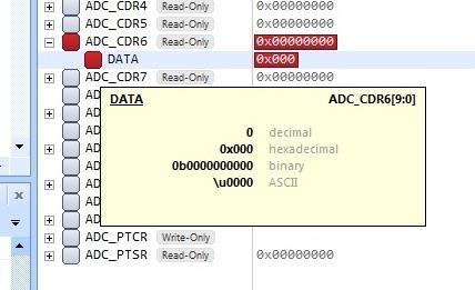 Wiadomo teraz, jaką wartość przyjmuje rejestr ADC_CDR6, jeżeli potencjometr ustawiony jest na wartość maksymalną (gałka potencjometru ustawiona w pozycji możliwie maksymalnej zgodnie z