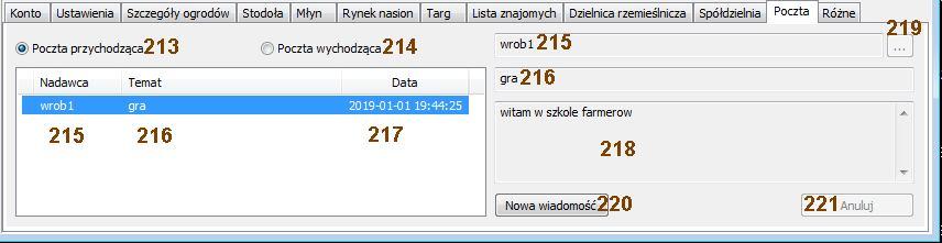 XIII Opis zakładki Poczta 213. Wybór pomiędzy skrzynką odbiorczą wiadomości (zwanych potocznie sówkami) wysyłanych między farmerami (domyślnie) 214.