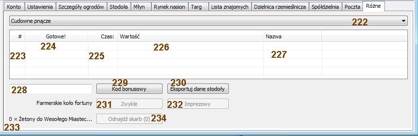 XIV Opis zakładki Różne Cudowne pnącze Informacje wyświetlane w pozycjach 223 do 227 tylko jeżeli w spółdzielni zostanie odblokowany dostęp do Pnącza cudownej fasolki 222.
