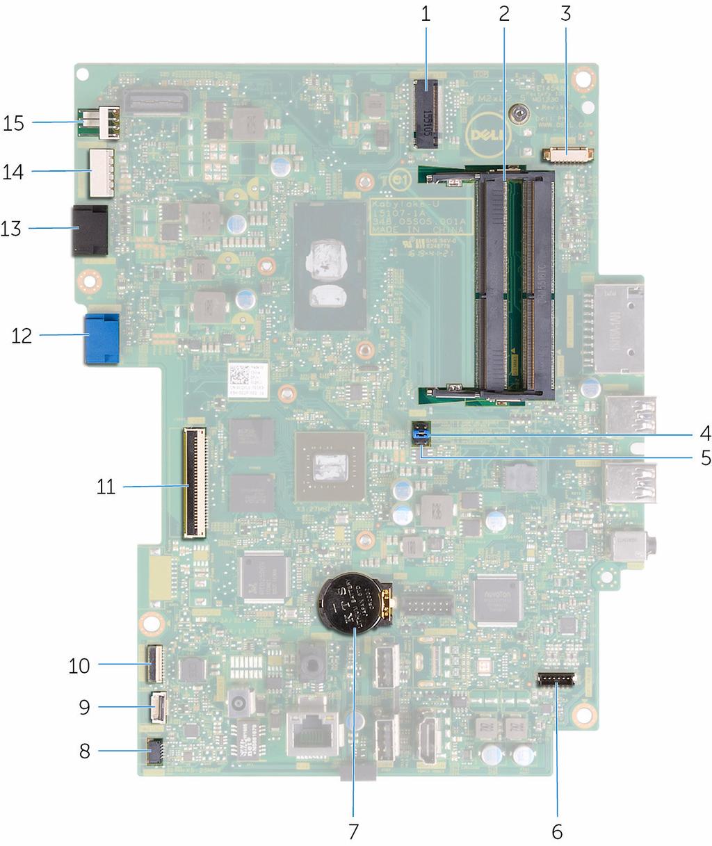 1 gniazdo karty sieci bezprzewodowej (NGFF_WI-FI) 2 gniazda modułów pamięci (2) 3 złącze kabla kamery (WEBCAM) 4 zwornik czyszczenia pamięci CMOS