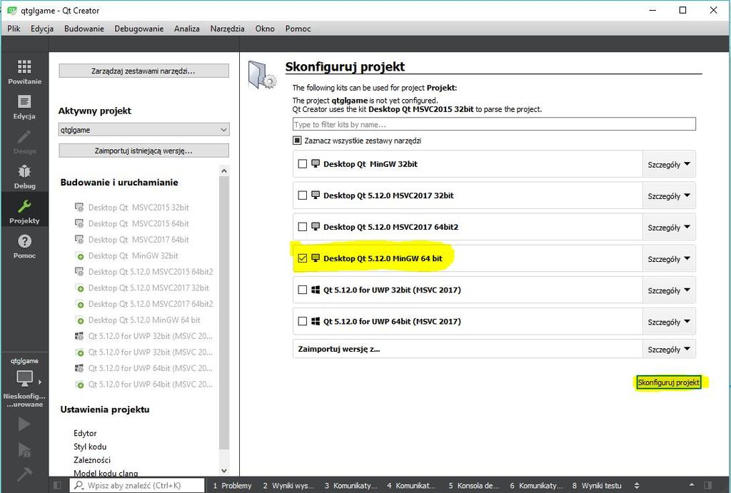 Widok okna QT Creator Wczytanie projektu Następnie należy zaznaczyć odpowiedni Desktop GT