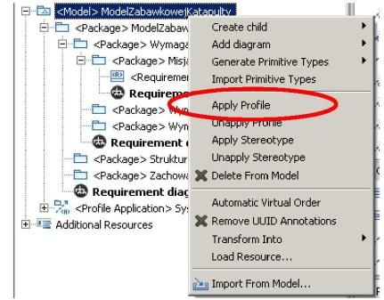 Stosowanie profilu w modelu Aby zastosować załadowany profil (dotyczy to wszystkich profili dostępnych w