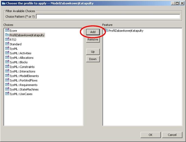 Rysunek 15: Stosowanie profilu na modelu W otwartym oknie dialogowym wybieramy ProfilZabawkowejKatapulty z listy po lewej