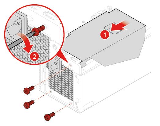 Rysunek 109. Instalowanie zespołu zasilacza 7. Podłącz przewód nowego zespołu zasilacza do płyty głównej. 8. Zainstaluj z powrotem usunięte części.