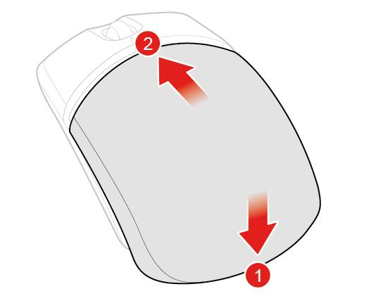Rysunek 17. Zamykanie pokrywki wnęki na baterie Rysunek 18. Ustawianie wyłącznika zasilania w pozycji włączonej Uwagi: Świecąca na zielono dioda LED wskazuje, że mysz jest gotowa do użycia.