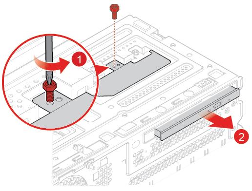 Rysunek 26. Wyjmowanie napędu optycznego Rysunek 27. Instalowanie napędu optycznego 5. Podłącz złącza kabla sygnałowego i zasilającego do nowego napędu optycznego. 6.