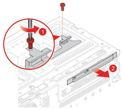 Rysunek 28. Wyjmowanie wspornika napędu optycznego Rysunek 29. Instalowanie wspornika napędu optycznego 5. Dokończ wymianę. Patrz Kończenie wymiany części na stronie 75.