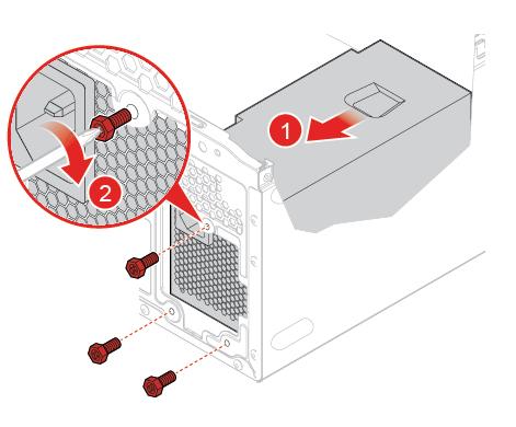 Rysunek 75. Instalowanie zespołu zasilacza Rysunek 76. Zamykanie wnęki napędu 5. Podłącz kable zespołu zasilacza do płyty głównej. 6. Dokończ wymianę. Patrz Kończenie wymiany części na stronie 75.