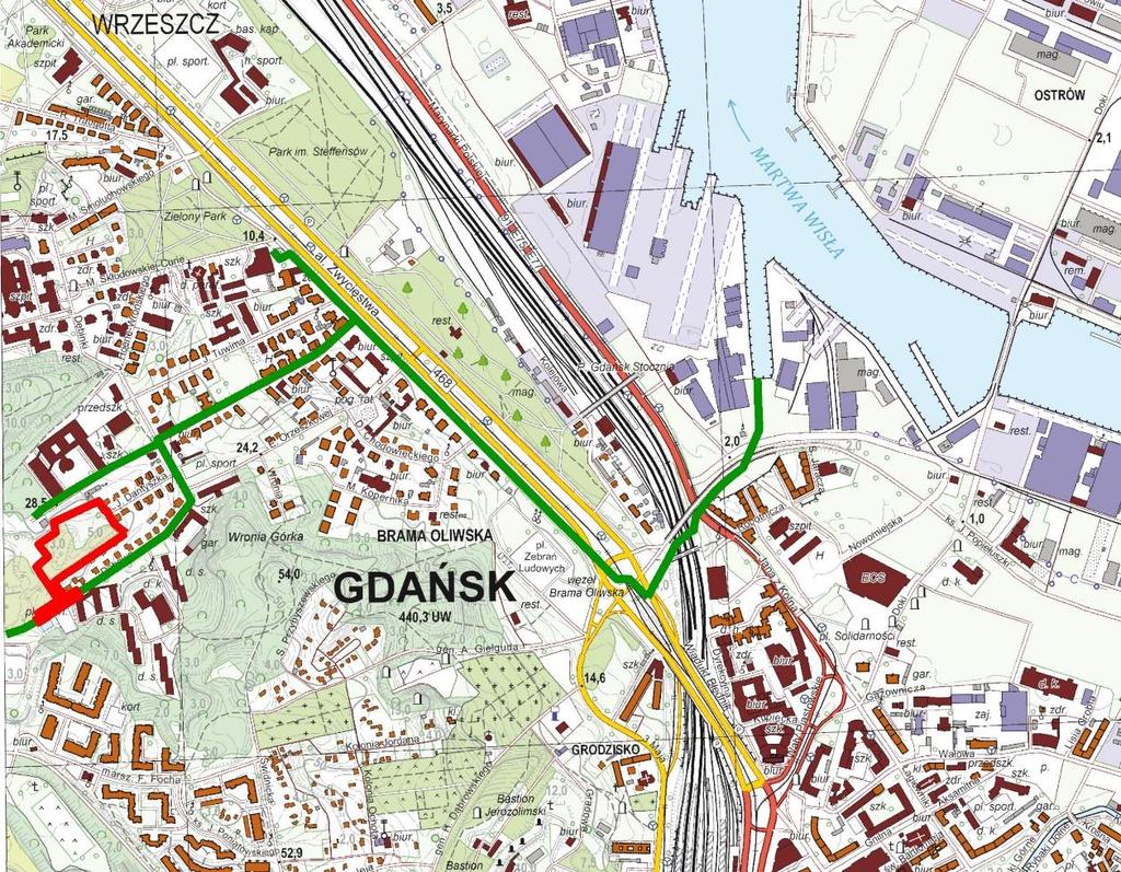 Gospodarka wodami opadowymi Teren planu położony w zlewni Martwej Wisły W sąsiadujących z terenem inwestycyjnym ulicach istnieje kanalizacja deszczowa Jako zasadę odprowadzenia wód opadowych ustala