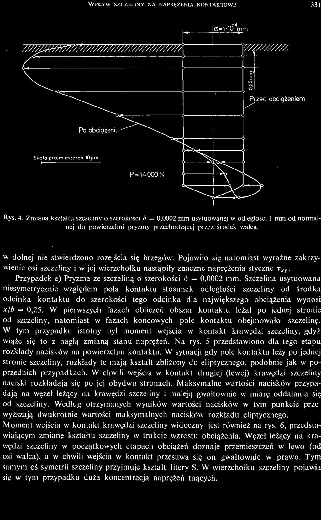 W chwili wejś cia w kontakt drugiej (lewej) krawę dzi szczeliny naciski rozkładają się po jej obydwu stronach.