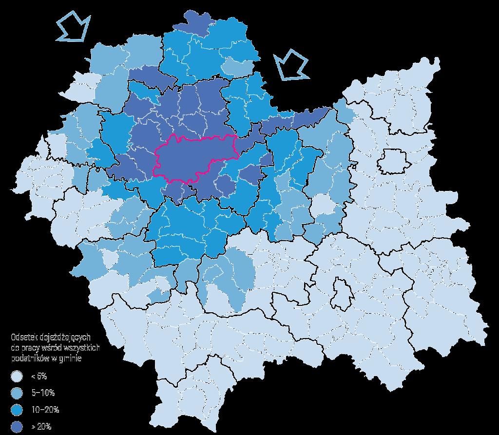 Polityka miejska Oddziaływanie Krakowa na podstawie dojazdów do pracy + W Małopolsce mianem metropolii określany jest Kraków, + dwa silne ośrodki regionalne