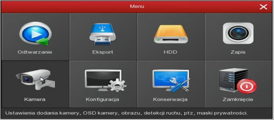 5. Menu główne Po zalogowaniu do rejestratora i wejściu do menu, mamy możliwość przy jego pomocy zdefiniowania wszystkich ustawień dotyczących pracy