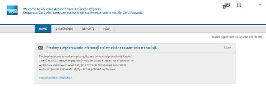Ważne: Click on the icon to log out: Messages from American Express dedicated to your Company only. Click on the icon or on the title of the message to read!