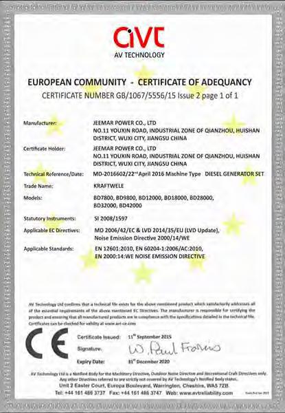 Każdy agregat prądotwórczy Kraftwele jest oznakowany znakiem zgodności CE i dostarczany razem z deklaracją zgodności WE.