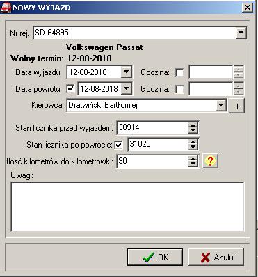 Zasady wprowadzania: Jeżeli wyjazd jest dopiero planowany pole Stan licznika po powrocie pozostawiamy puste pole typu check wykliknięte.