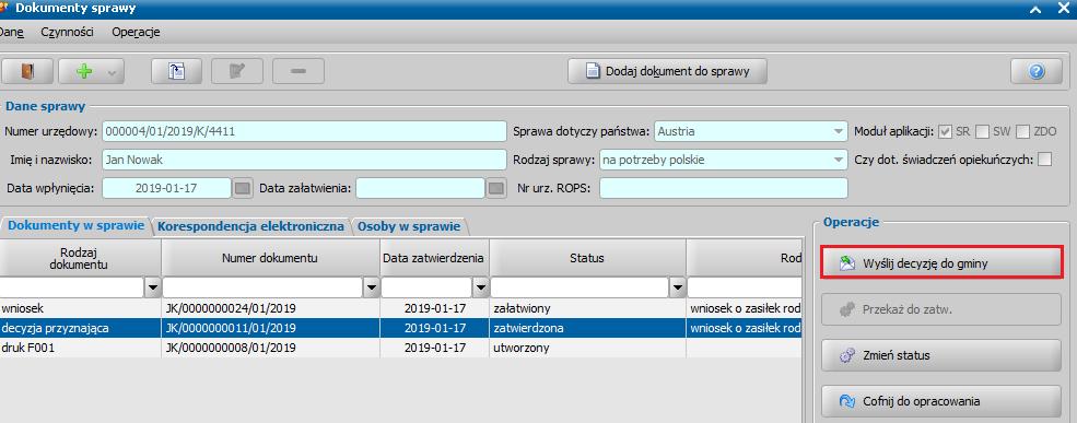 Jeśli przekazujesz decyzję do gminy tylko w formie papierowej, to fakt przekazania decyzji do Organu właściwego zarejestruj poprzez zmianę statusu decyzji na przekazana do innego organu za pomocą