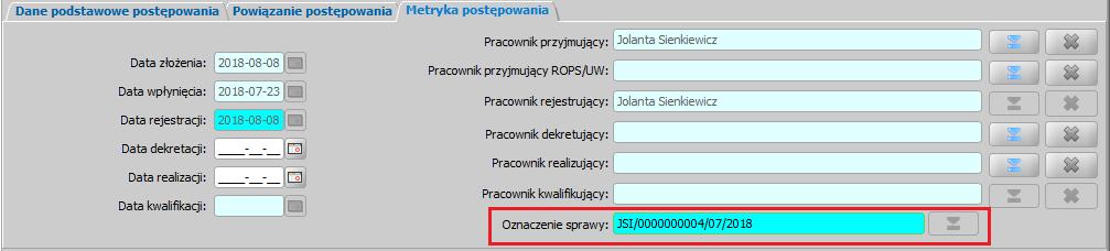 oznaczenie sprawy - ponieważ rejestrujesz postępowanie z poziomu listy dokumentów sprawy, to pole Oznaczenie sprawy zostanie uzupełnione automatycznie.