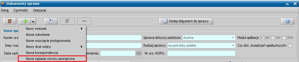 operacji Nowe żądanie zwrotu zewnętrzne (jeśli nienależnie pobrane świadczenie zostało przyznane decyzją wydaną przez inną instytucję, której nie ma zarejestrowanej w systemie) - po zarejestrowaniu