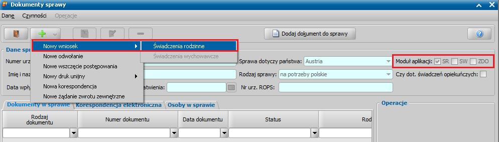 Dokumenty sprawy ikonę Dodaj, a następnie Nowy wniosek>świadczenia rodzinne/świadczenia wychowawcze: Uwaga!