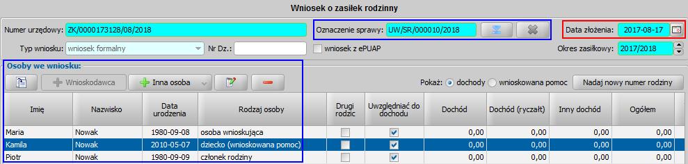 osoby będą już zarejestrowane inne wnioski, to automatycznie podpowie pełny skład rodziny z poprzedniego wniosku.