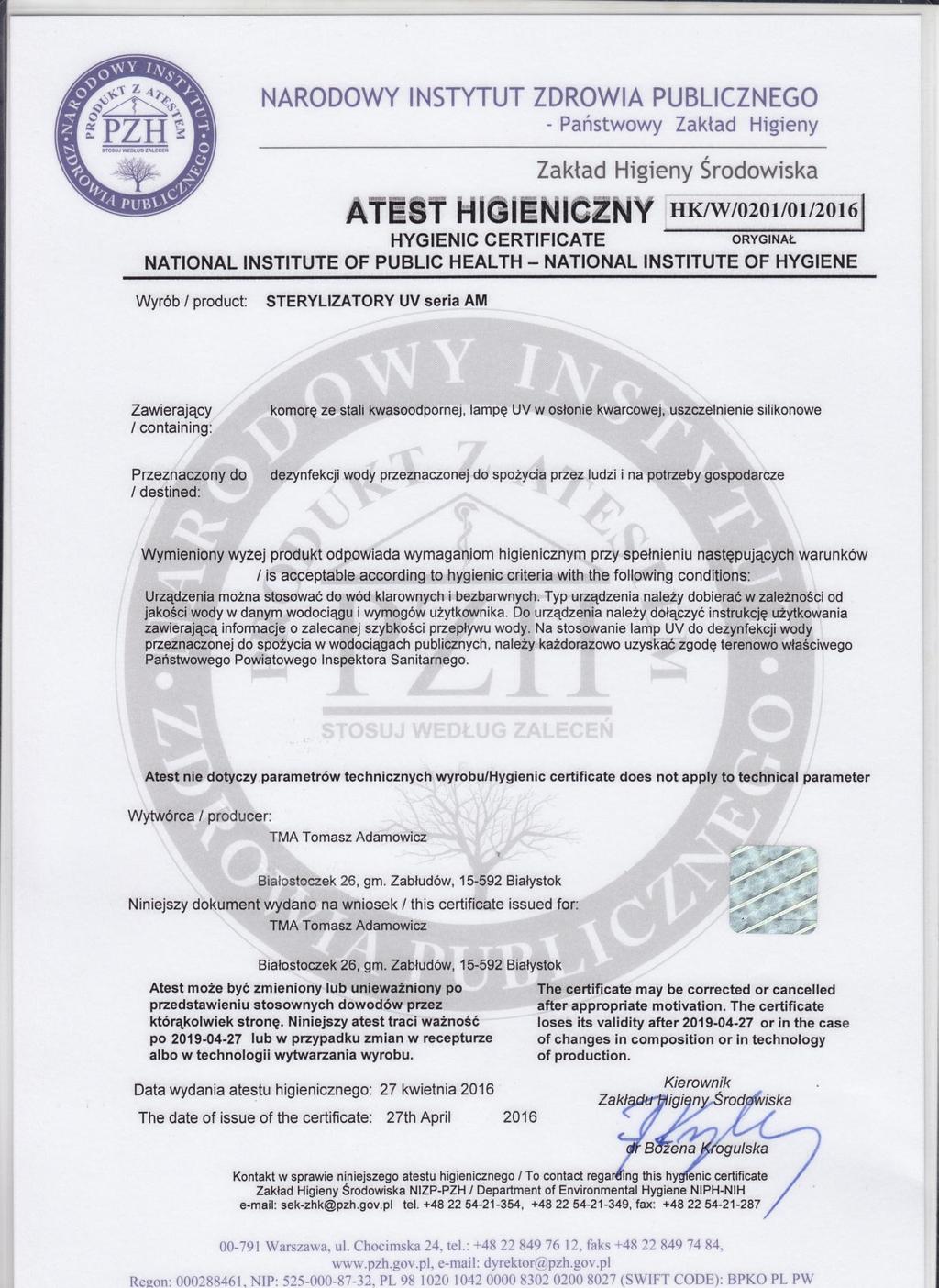 22 18. Atest PZH Białostoczek 26,gm.