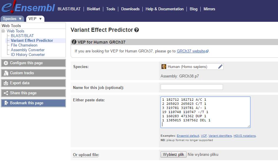 VEP Analyse your own variants and