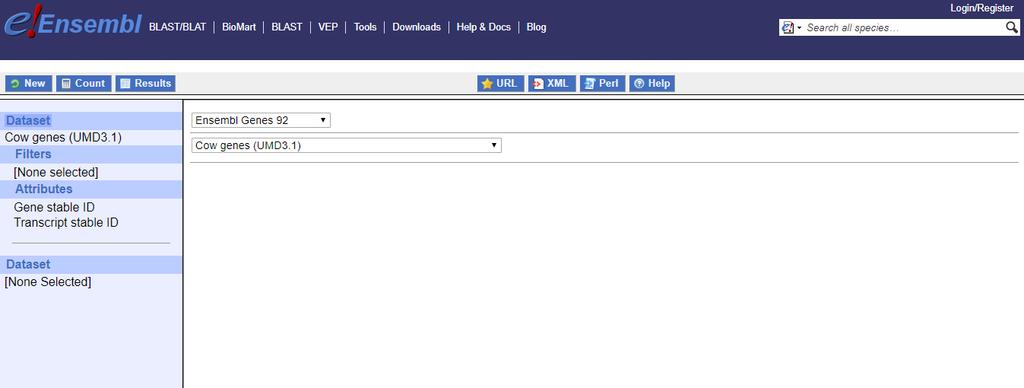 BioMart Export custom datasets from Ensembl with this data-mining tool BIOMART Filters Atributes Count Results specifikacja przeszukiwań określenie