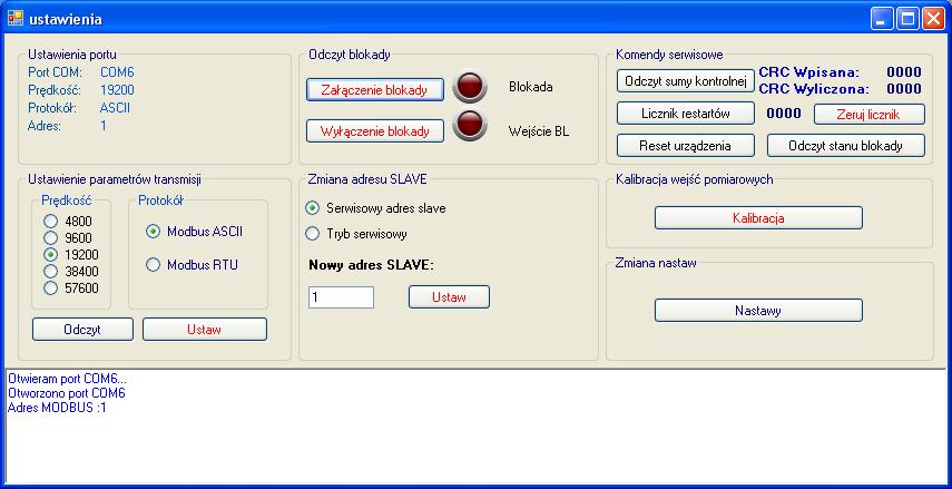 Rys.8 Ustawienia sterownika 1. Odczyt blokady 2. Komendy serwisowe 3. Ustawienie parametrów transmisji 4. Zmiana sdresu SLAVE 5.