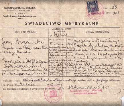 Jerzy i Krystyna Pobrali się 5 III 1938 roku w parafii Ewangelicko- Reformowanej w Wilnie.