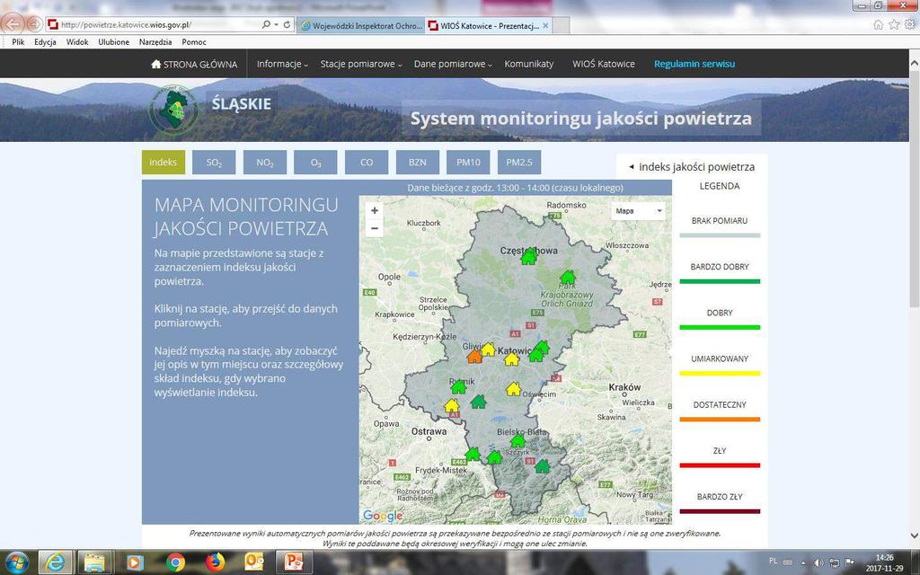 Aktualne wyniki pomiarów jakości powietrza ze stacji automatycznych, w postaci kolorystycznego indeksu,