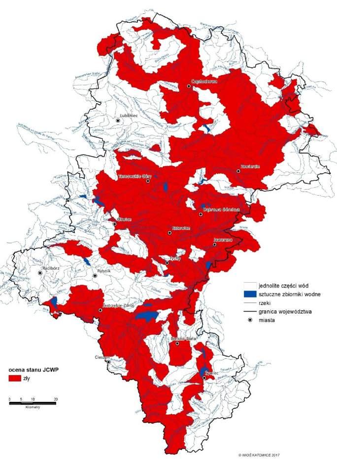 MONITORING WÓD oceny stanu wód Na podstawie badań prowadzonych w 2016 roku wykonanie oceny stanu wód było możliwe dla 104 jcwp. Wszystkie oceniono w stanie złym.