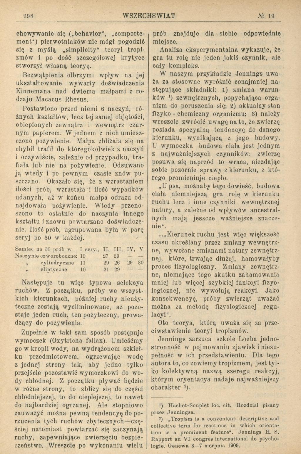 298 WSZECHS WIAT.Nb 19 chowywanie się ( behavior, comportement ) pierwotniaków nie mógł pogodzić się z myślą simplicity" teoryi tropizmów i po dość szczegółowej krytyce stworzył własną teoryę.