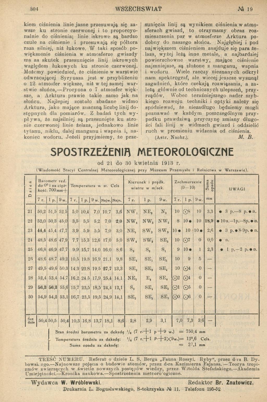 304 WSZECHS WIAT M 19 kiem ciśnienia linie jasne przesuwają się zawsze ku stronie czerwonej i to proporcyonalnie do ciśnienia; linie iskrowe są bardzo czułe na ciśnienie i przesuwają się półtora raza