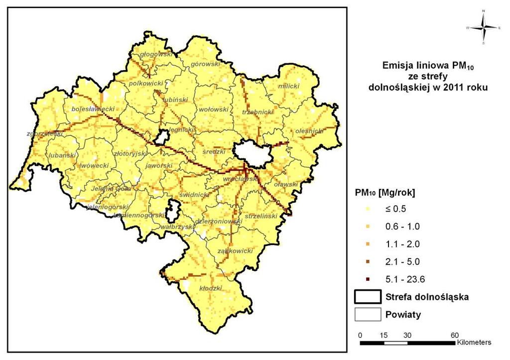 Rysunek 4 Emisja powierzchniowa pyłu zawieszonego PM10 z terenu strefy dolnośląskiej w 2011 r.