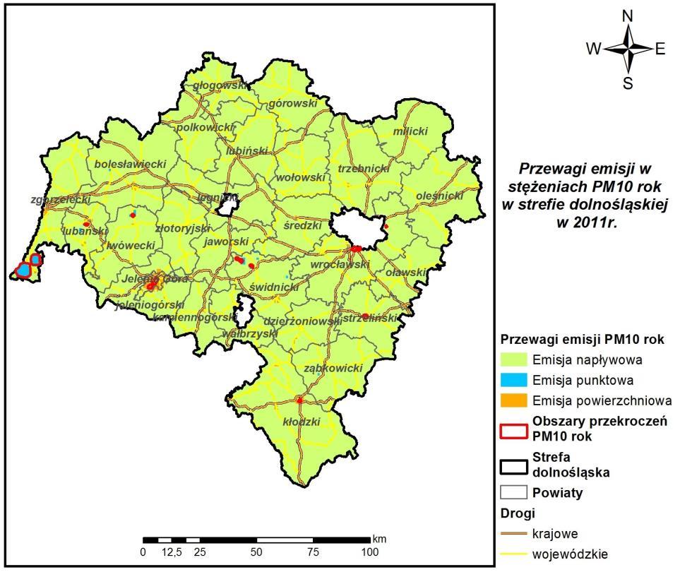 Rysunek 14 Przewagi poszczególnych typów emisji w stężeniach całkowitych pyłu zawieszonego PM10 o okresie uśredniania wyników rok w strefie dolnośląskiej w 20