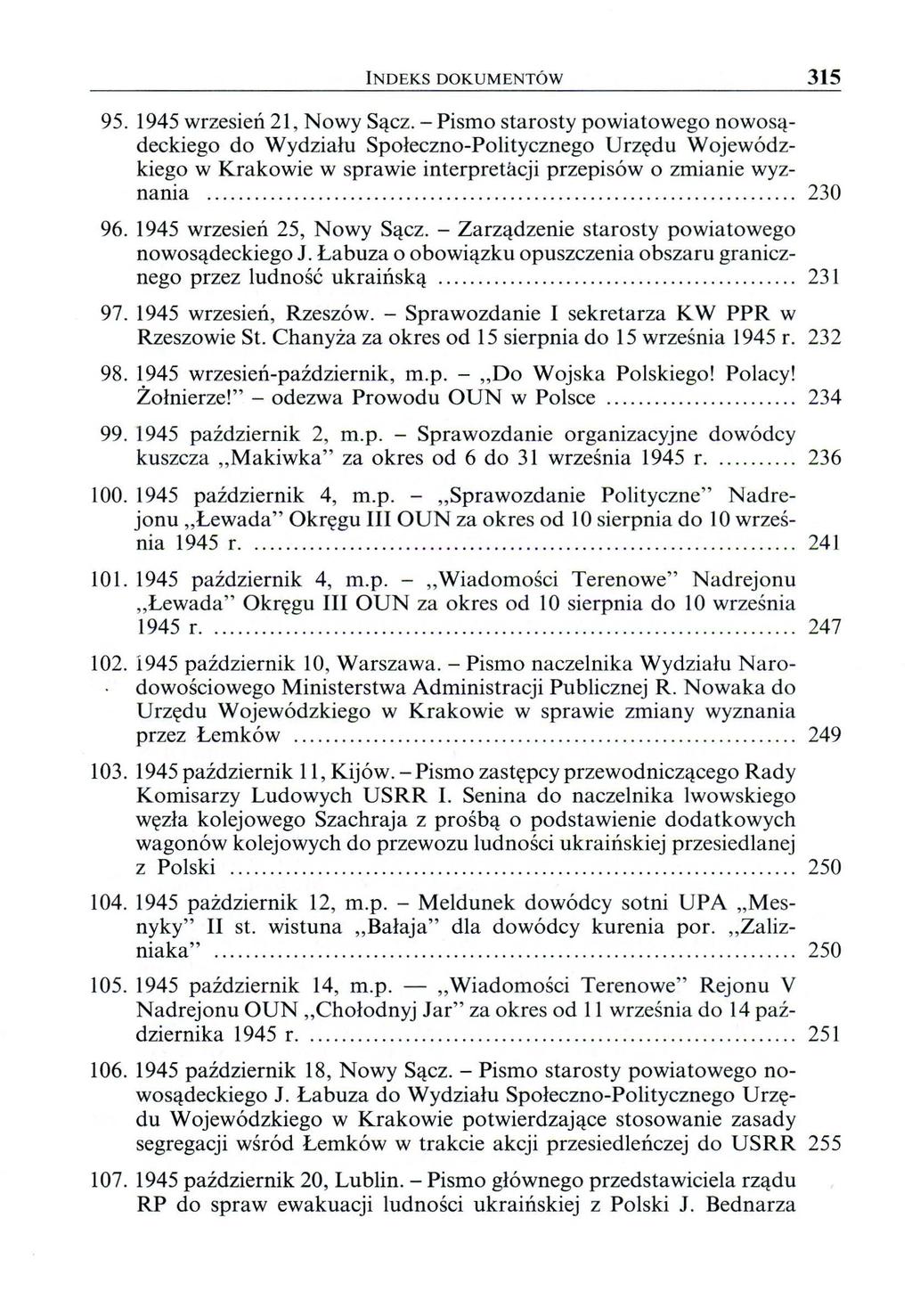 INDEKS DOKUMENTÓW 315 95. 1945 wr zesień 21, Nowy Sącz.