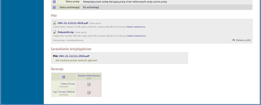 Po zatwierdzeniu przyciskiem OK zostanie zmieniony status pracy na: Akceptacja przez