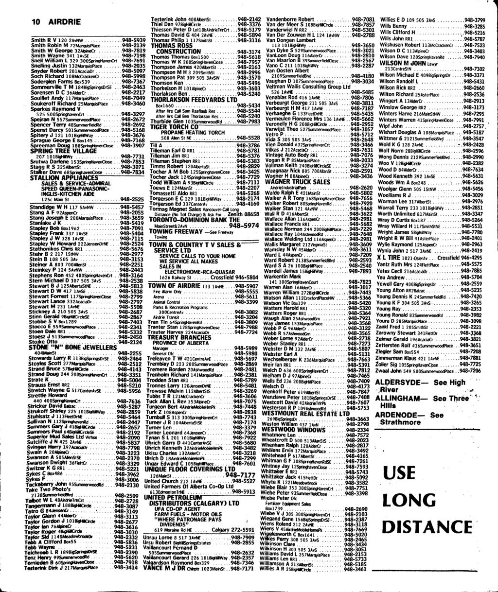 10 AIRDRIE Smith R V 120 2AvNW 948-S939 Smith Robin M 72MarquisPlace 948-2139 Smith W George 32AlpineCr 948-7819 Smith Wayne 341 lavst 948-7198 Snell William L 329 300S yinghavencrt.