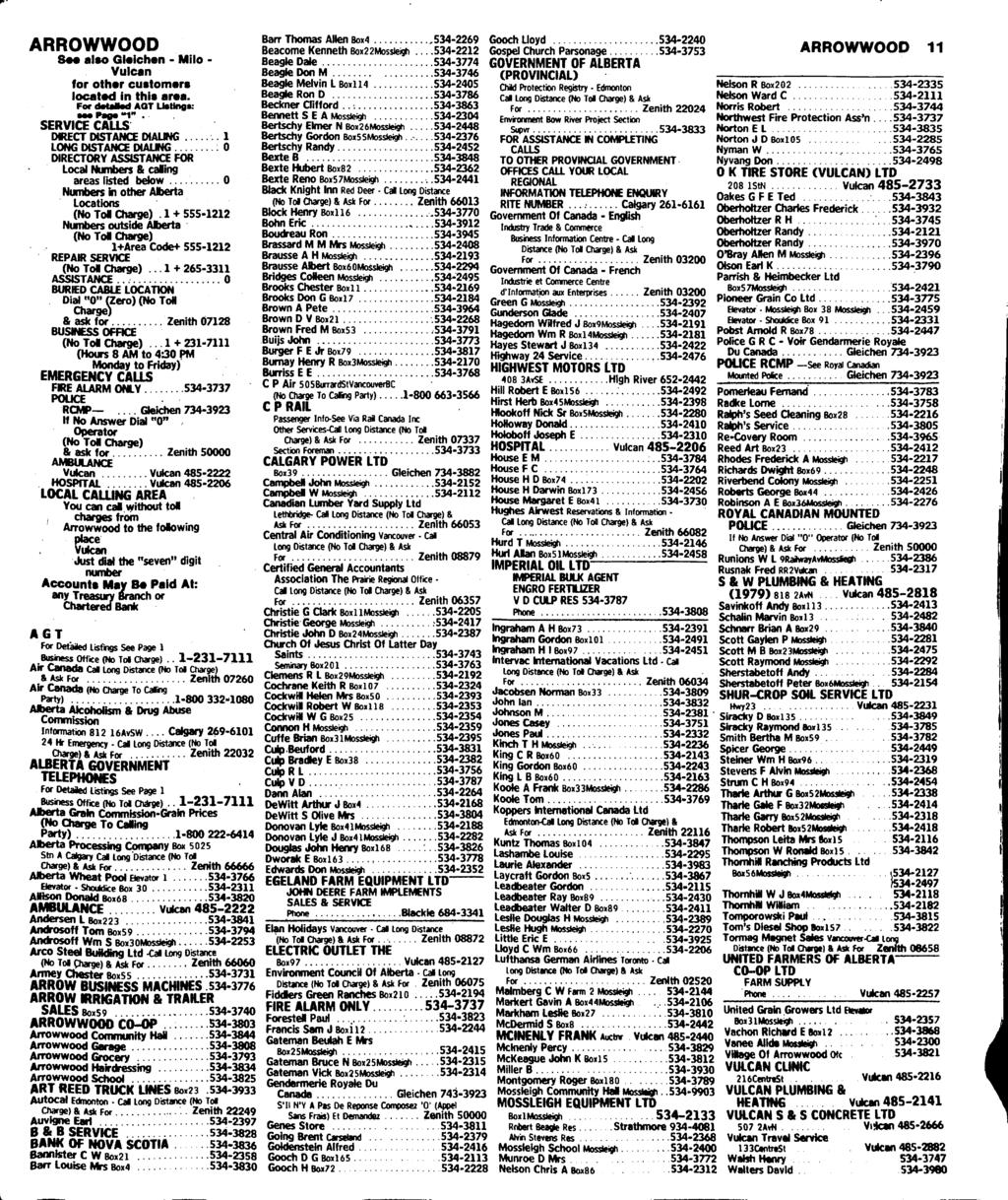 ARROWWOOD Sm also GIsichan - Mile - Vulcan for othor customars locatad in this area. For ditosod AOT Ualings: servi^»sjs DRECT DISTANCE DIALING.