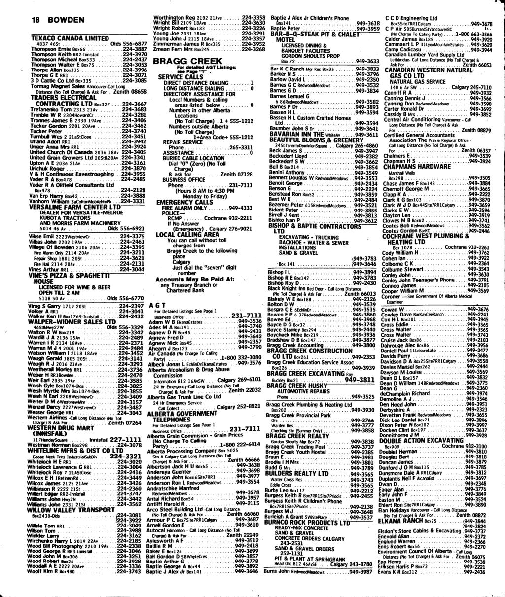 18 BOWDEN TEXACO CANADA LIMITED 4837 46St CNds 556-6877 Thompson Emie Box66 224-3887 Thompson Keith RR2-innjsfaa 224-3970 Thompson Micheal boxs33 224-2437 Thompson Walter E Box7S 224-3053 Thorpe Alan