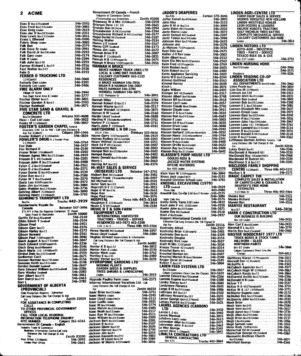 > -*^1 2 ACME Esau D Box32Swah»el 546-2593 Esau Fred BoxisSLnden 546-3003 Esau Greg linden 546-2619 Esau Jac D Box383tinden 546-2351 Esau Lewis BoxlSllinden 546-3016 Evans L ^wood 546-2490 Fabric