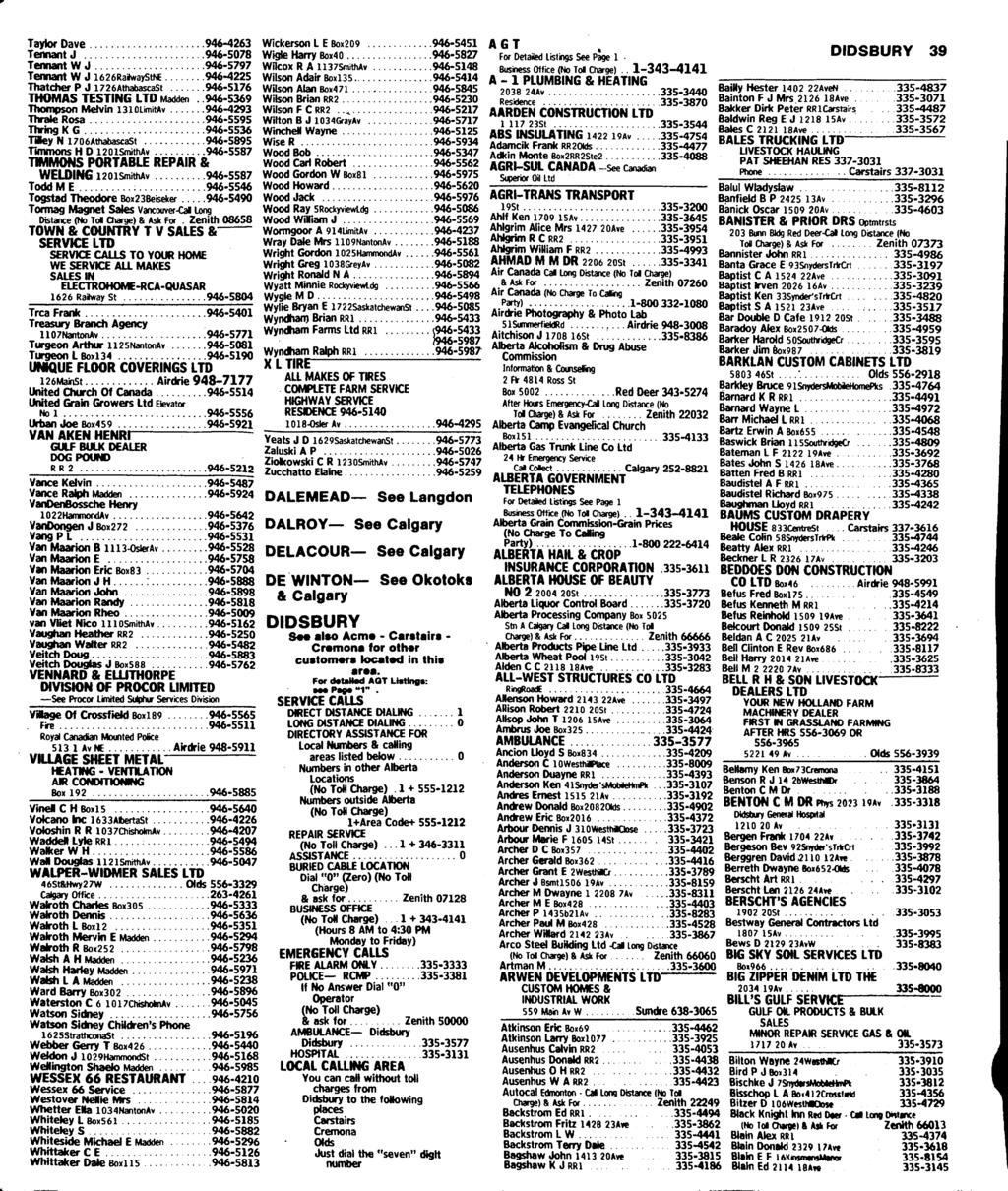 Taytor Dave 946-4263 TennantJ 946-5078 Tennant W J 946-5797 Tennant W J i626ra»waystne 946-4225 Thatcher P J 1726AthabascaSt 946-5176 THOMAS TESTING LTD Madden.